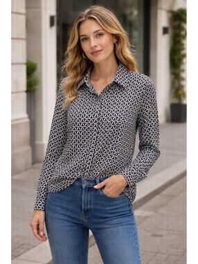 Talbots Black and White Club Pattern Long-Sleeve Tunic, Size 12